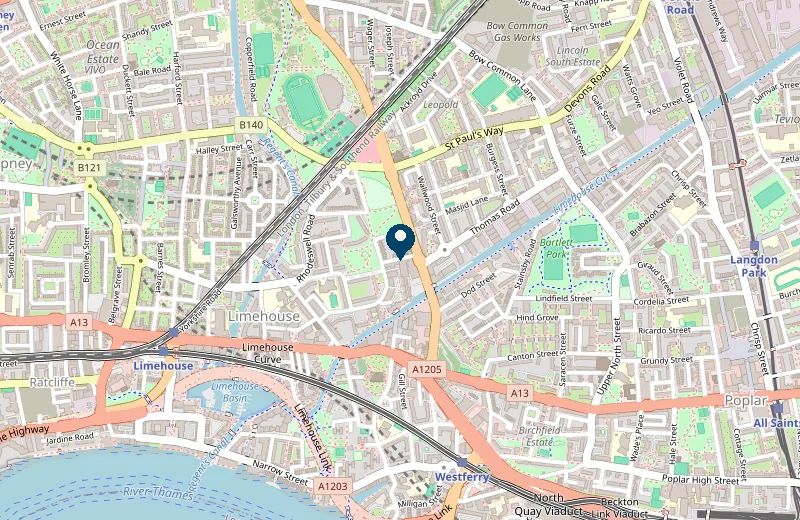 Map showing Hone Movement Studios at 14 Pixley Street, Limehouse